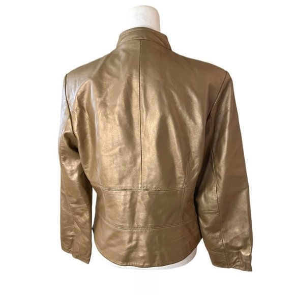 Yvonne Le Marie Gold Metallic Soft Lamb Leather Lined Jacket 3/4 Zip Size 6 - Picture 8 of 12